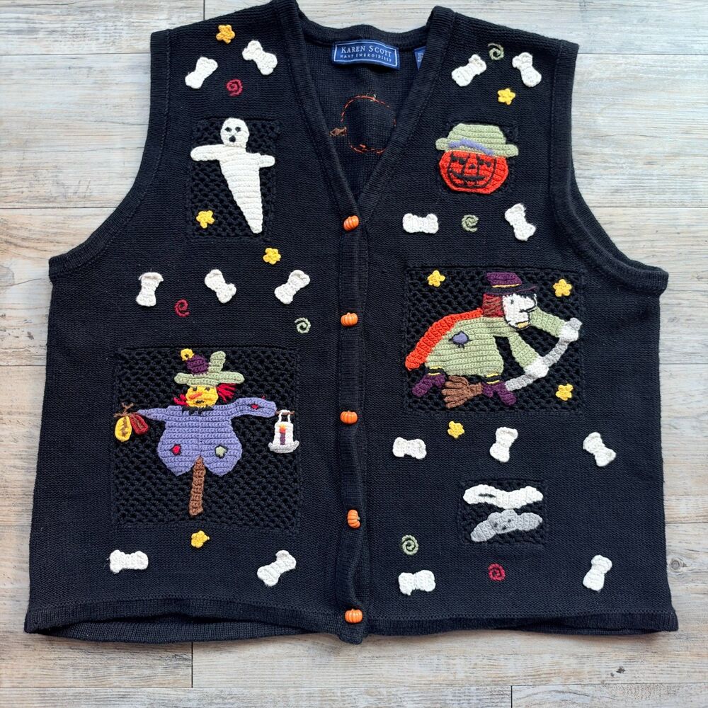 Karen Halloween Sweater Vest XL Scott Hand Embroidered Black Witch Ghost Pumpkin